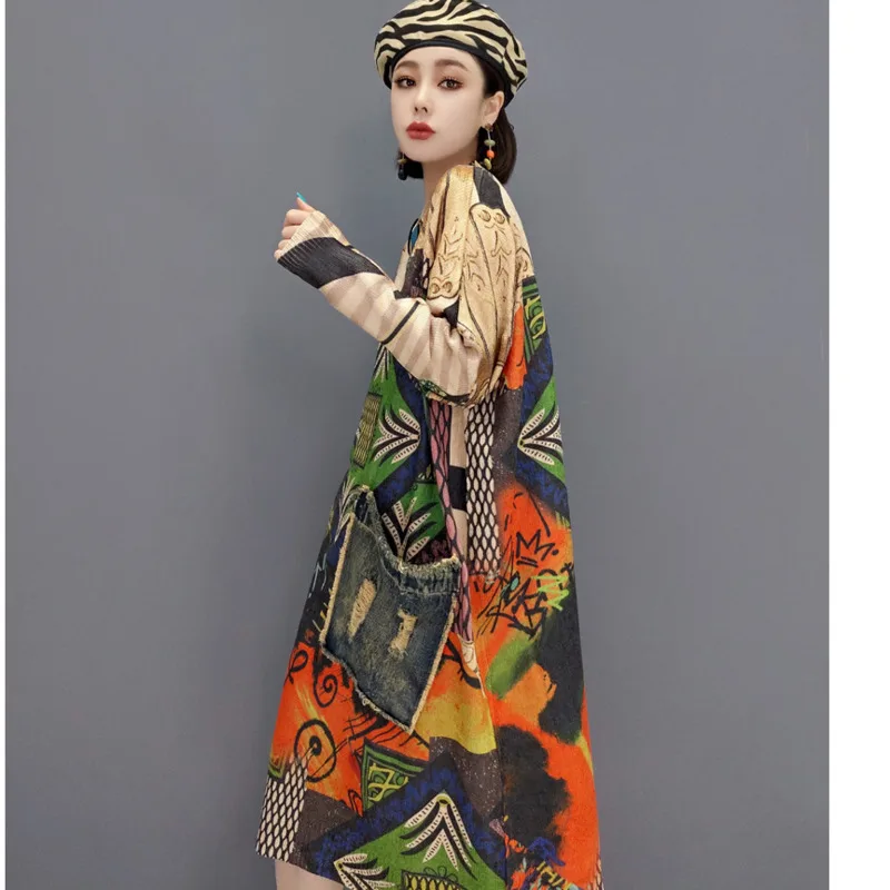 

QING MO Autumn Fashion Women Denim Pocket Stitching Knitted Sweater 2021 New Trend Printing Pullover Sweater Dress ZWL397