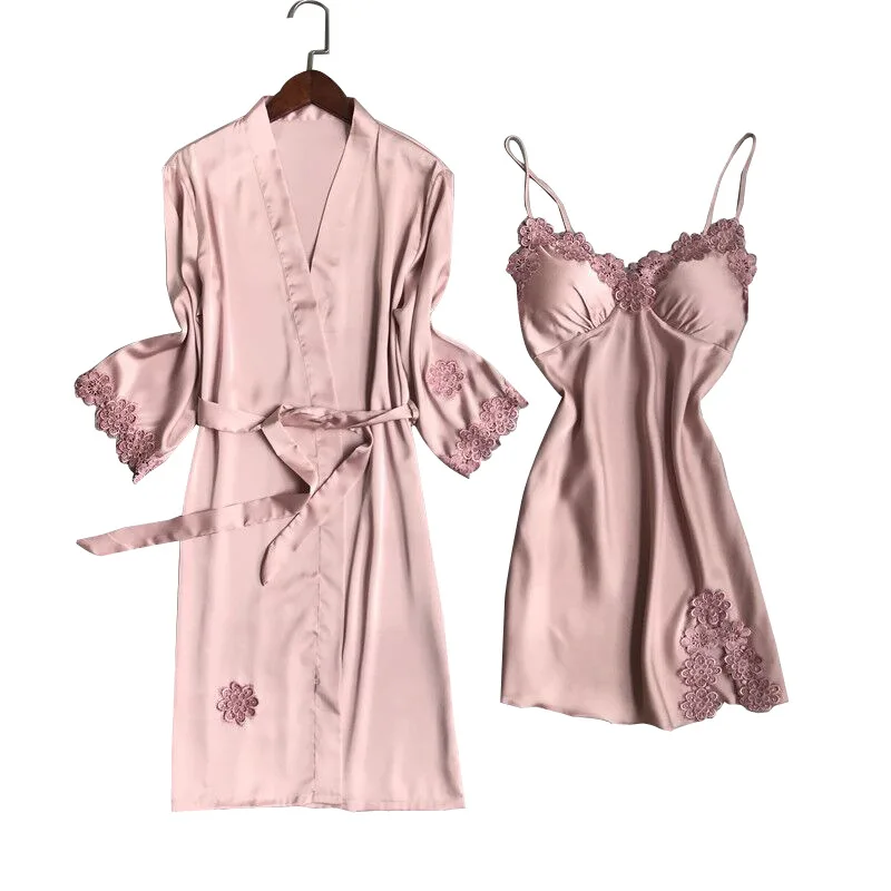 

Summer New 2PCS Robe Set Female Nightwear Satin Lace Patchwork Intimate Lingerie Bathrobe Gown Sexy Homewear Sleepwear