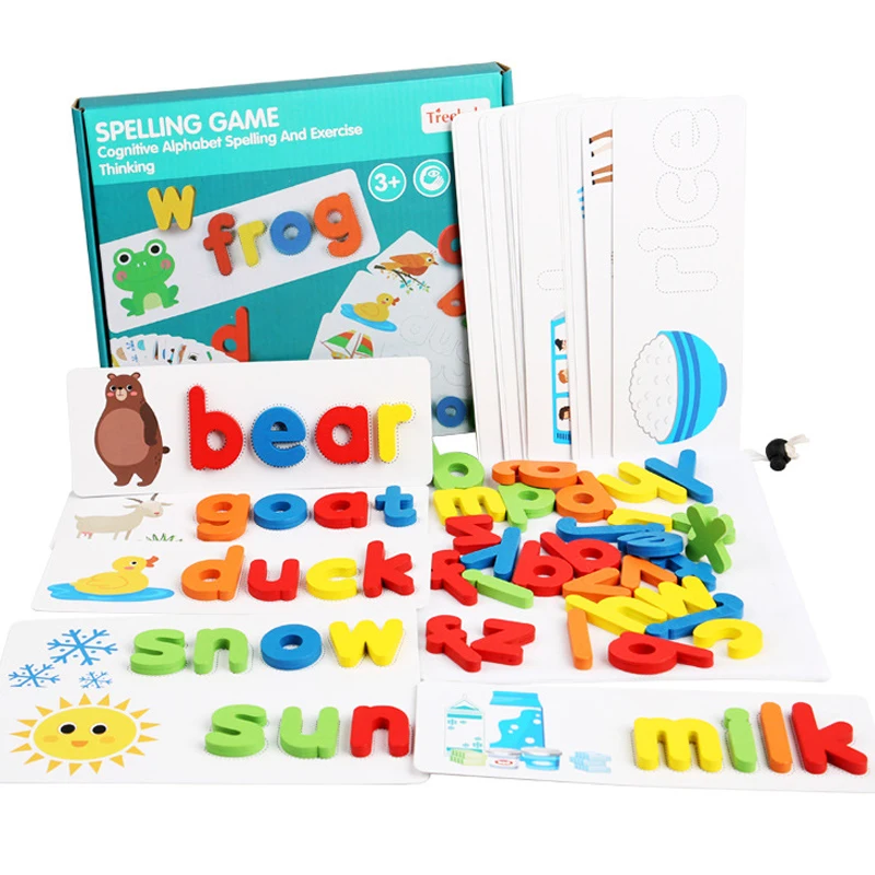 

NEW Kids Wooden Alphabet Letter Learning Cards Set Word Spelling Practice Game Toy English Letters Spelling Card Word Toys