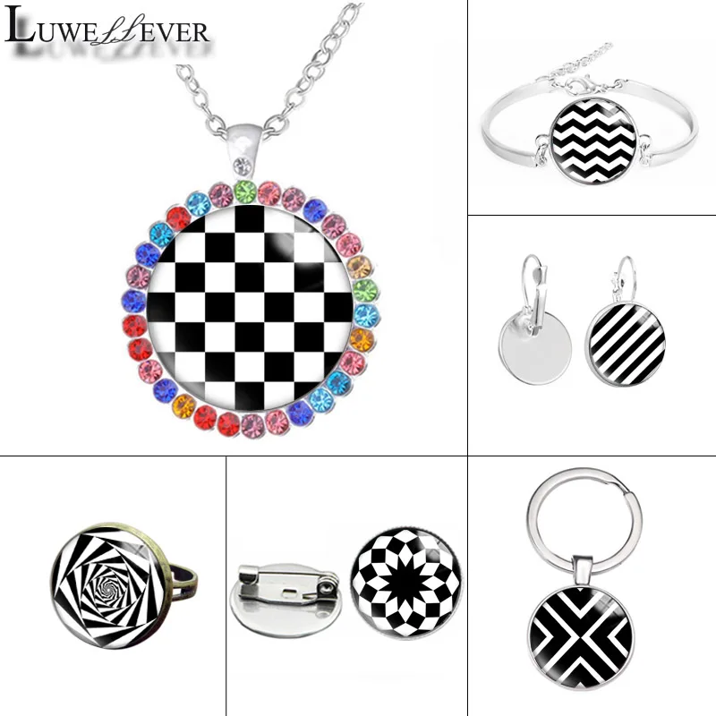 

New 582 Geometric black Glass Necklace Bracelet 25mm Double Sided Round Glass Cabochon Jewelry For Unisex Charm Pendant