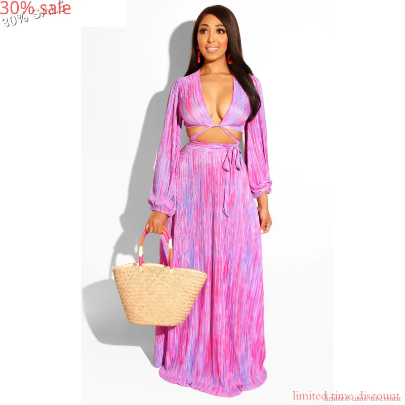 Two Piece Skirt Set Women 2020 Summer Stripes Print Lace Up Long Sleeve Crop Top Maxi Skirts Suit 2pcs Sexy Tracksuit Outfit |