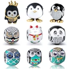 Fit Pandora Талисманы Браслеты оригинальный 100% Серебро 925 новые милые животные Сова Кот Пингвин Подвески Бусины ювелирные изделия делать подарки