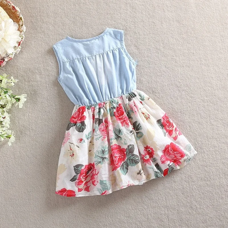 Baby Girl Dress 2017 Summer Children Sleeveless Denim Floral Dresses with Button Kids Princess for Girls | Детская одежда и обувь
