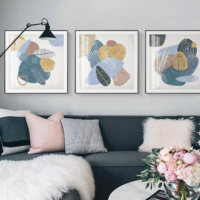 

Geometric Green Pink Color Block Abstract Plant Leaves Canvas Painting Wall Frameless Picture Poster Living Room Home Decoration