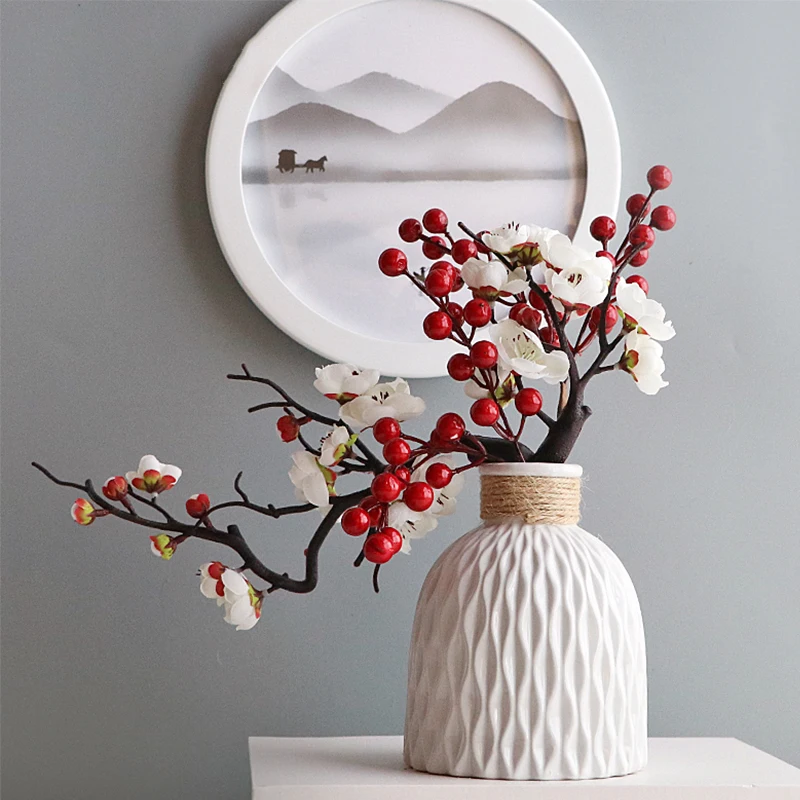 

Cherry Red Plum Blossom Silk Artificial Flowers Plastic Branch for Wedding Home DIY Decoration Foam Christmas Berry Fake Flowers