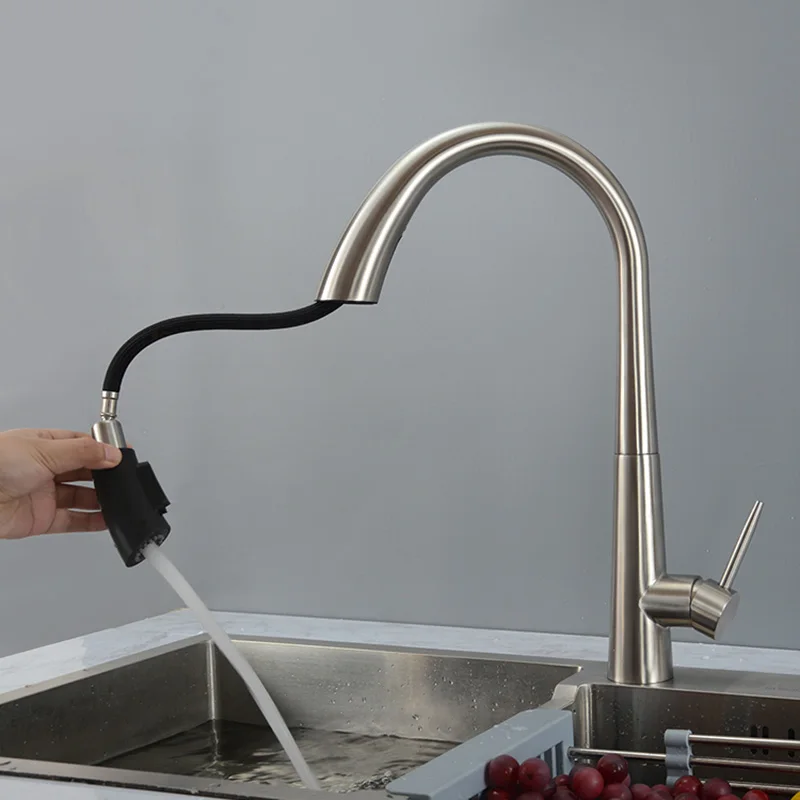 

Pull Out Kitchen Sink Faucet SUS304 Brushed Nickel High Arc Kitchen Mixer Tap with Pull Down Sprayer Modern Concealed Style