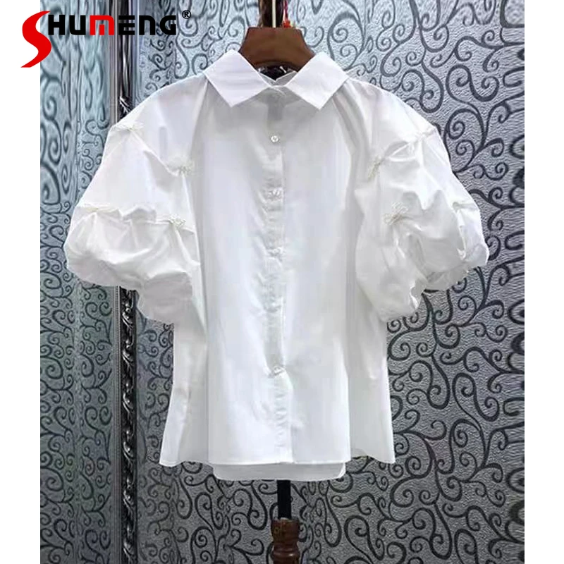

Fashion Pearl Bow Single-Breasted Solid Color Shirt for Women 2021 Summer New Polo Collar Puff Sleeve Shirt For Ladies