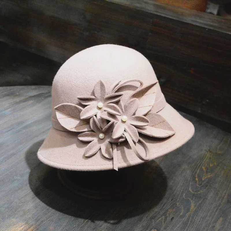 Light pink Фетровая шляпа Фибоначчи, шерсть, фетровая шляпа, Женская бархатная шляпа с отворотами, 8 слов, бант, купол, фетровые шляпы для женщин - Цвет: Light pink