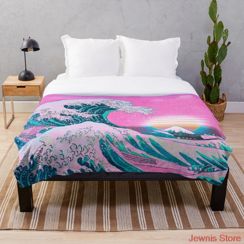 

Vaporwave Aesthetic Great Wave Off Kanagawa Retro Sunset Blanket Print on Demand Decorative Sherpa Blankets for Sofa bed Gift