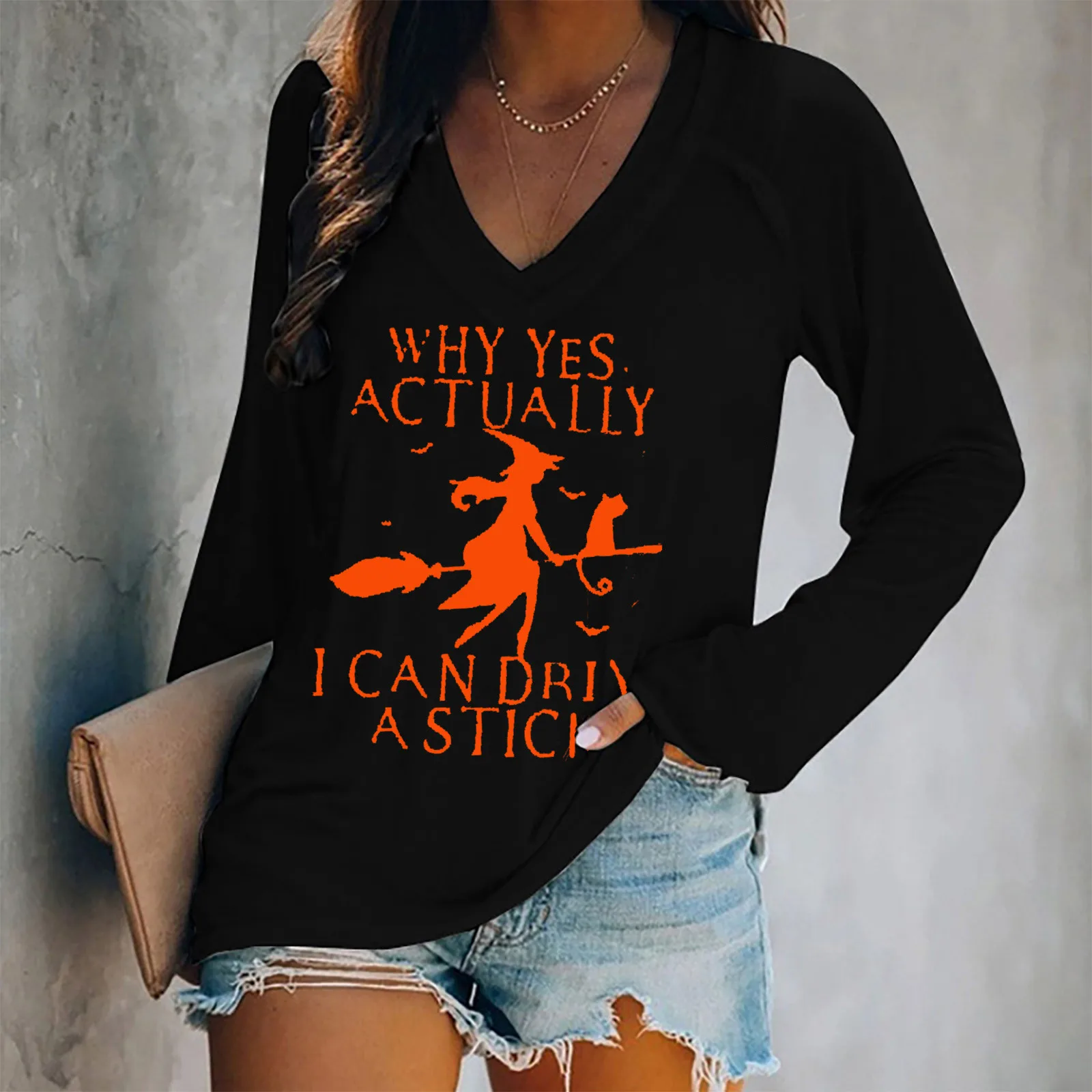 

Autumn Women Tops Witch Printed V Neck Long Sleeve Pullover Loose Top Femme Tee T-shirt Femme Streetwear Футболка Женский