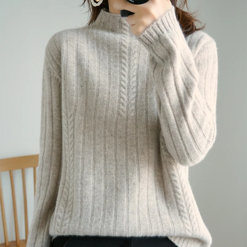 100% Wool New Autumn winter Women Knitted Sweater Pullovers Half collar sweater Solid Color Elastic Twist Lady Tops | Женская одежда