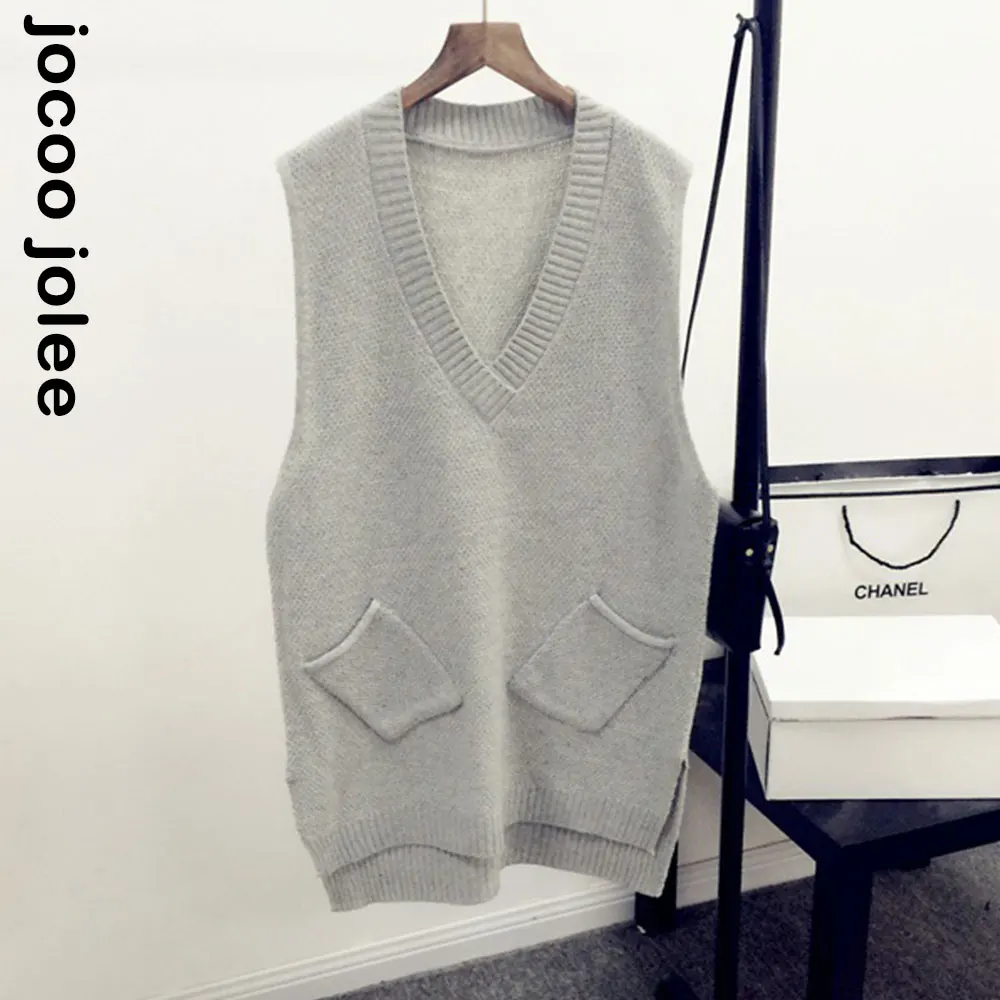 

Женский свитер, жилет, свободный Трикотажный жилет без рукавов с V-образным вырезом, винтажный однотонный Повседневный Универсальный жилет ...