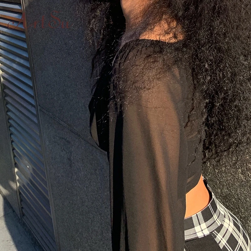 Женская шифоновая блузка ArtSu черная с вырезом лодочкой и расклешенными рукавами