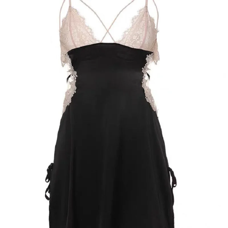 

European and American high-end French imitation silk nightdress lace stitching sexy home suspender skirt