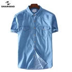 Мужская джинсовая рубашка, Классическая Легкая рубашка из 2021 хлопка, с двумя карманами, с коротким рукавом, лето 100%