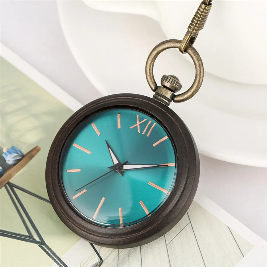 

Royal Blue Analog Quartz Pocket Watch Vintage Ebony Wooden Case Luxury Pendant Clock Gifts for Men Women Bronze Pocket Chains