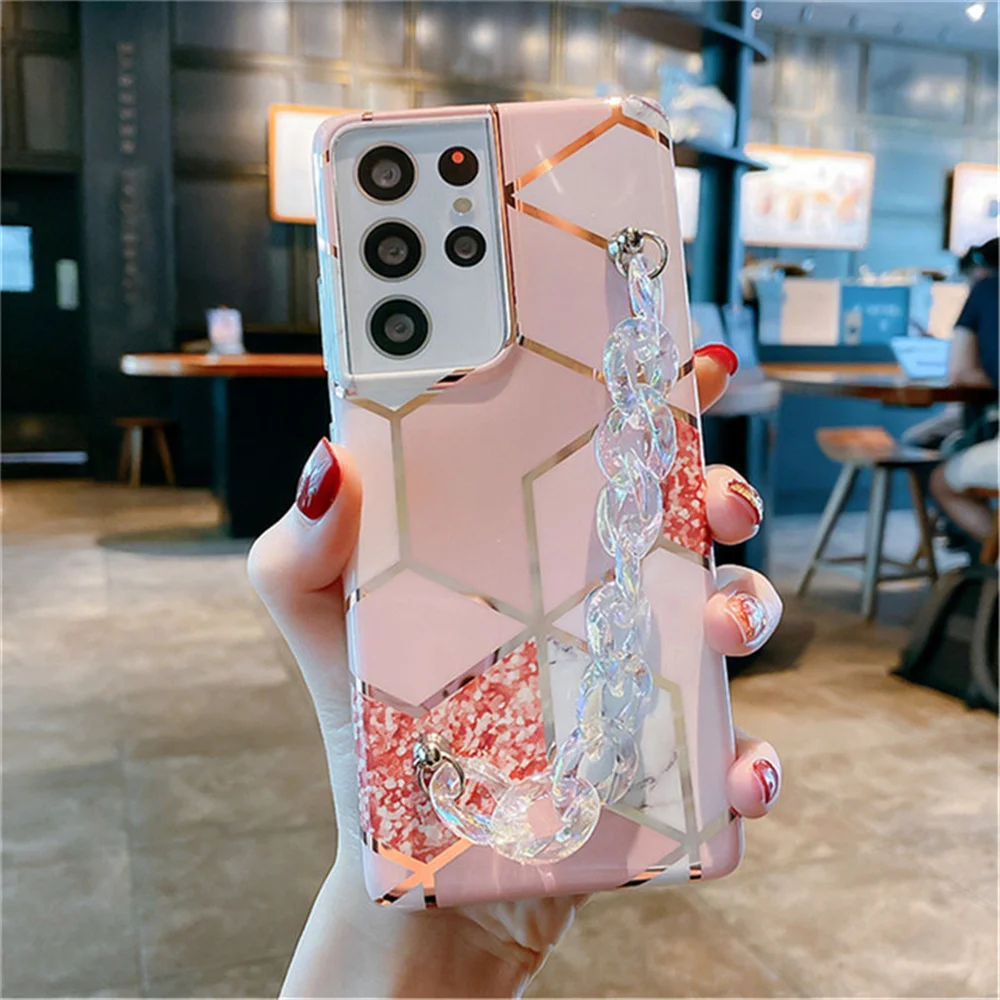 

Silicone Marble Wrist Chain Phone Case Samsung Galaxy A72 A32 A52 A12 S20 FE S21 Ultra Note20 Soft Shell Lanyard Plating Cover