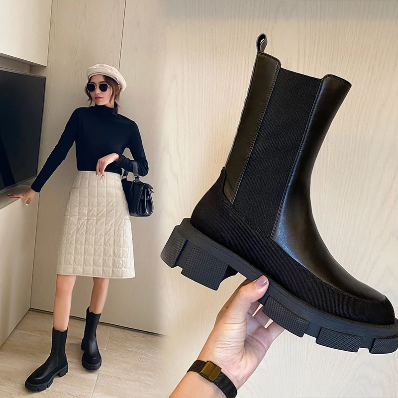 

INS HOT Women Ankle Boots Natural Leather 22-24.5CM Cowhide Stitching Twill Chelsea Boots Cyberstar Fashion Skinny Boots 2 Color
