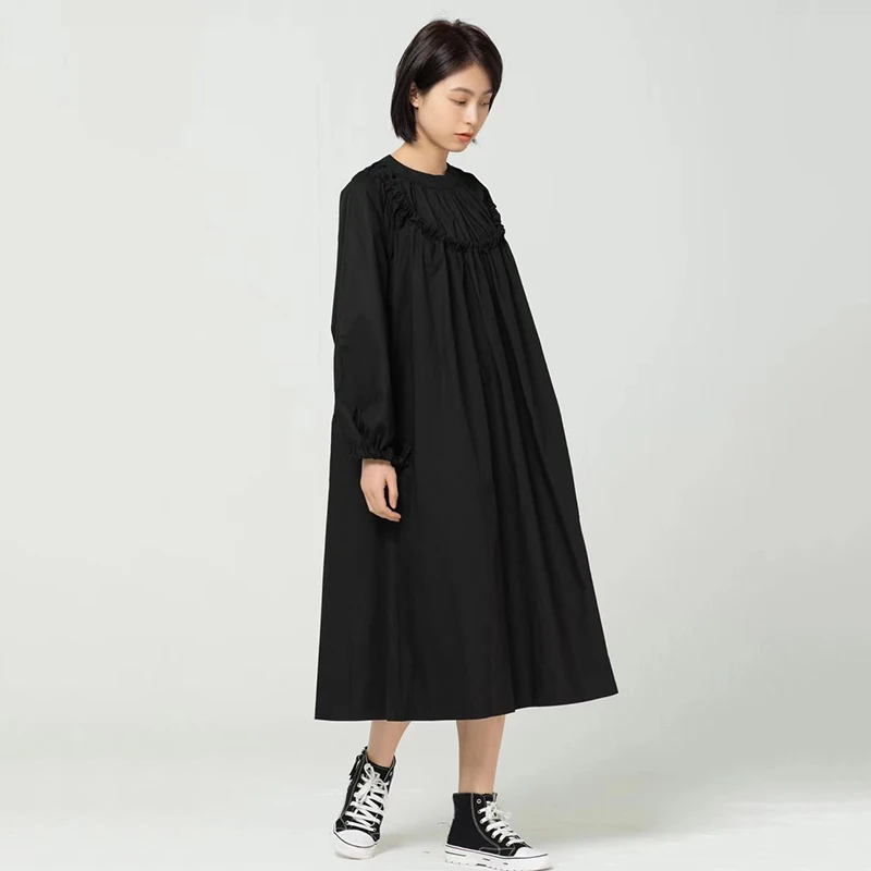 

CHICEVER Casual Yellow Dress For Women O Neck Long Sleeve Ruched Loose Oversized Solid Mid Dresses Female 2021 Spring Clothing