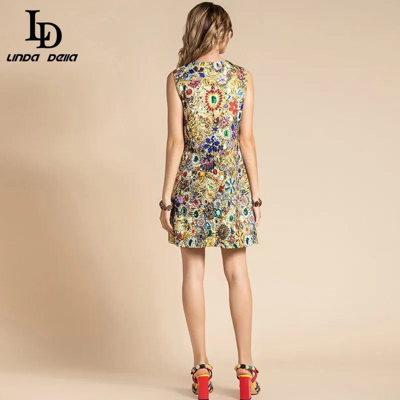 

LD LINDA DELLA Fashion Runway Summer Dress Women's Sleeveless Gorgeous Crystal Beading Vintage Mini Short Dresses vestidos