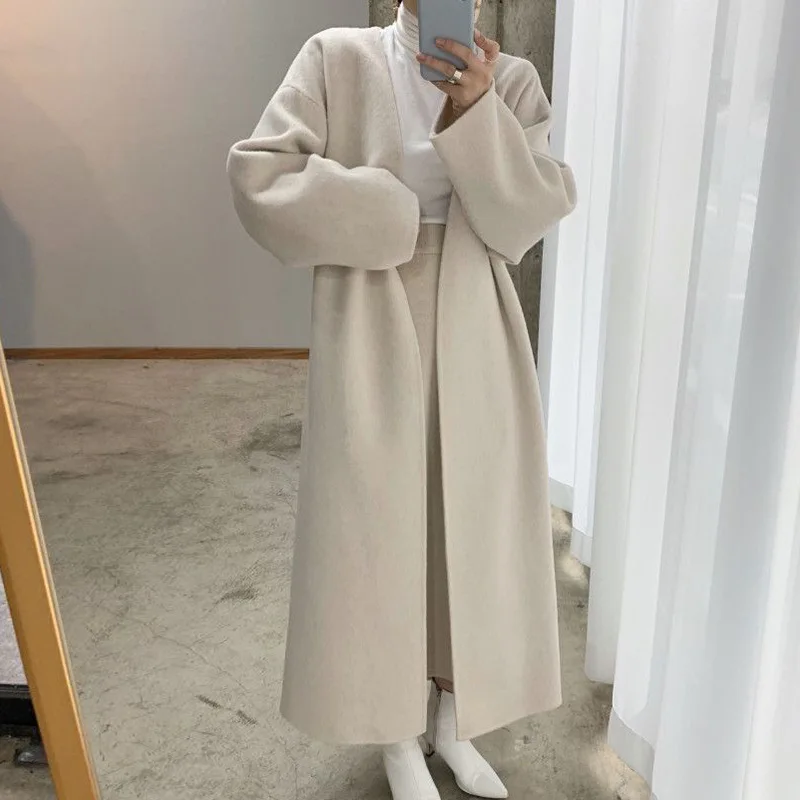 

Autumn Winter French Vintage Women Wool Coat V-Neck Open Stitch All-match Women Long Woolen Coat With Belt Femme Streetwear