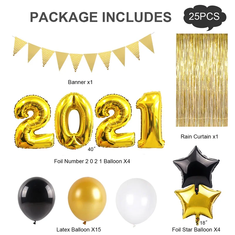 

2021 Happy New Year 25pcs Black Gold Decorations For New Year Party 2020 Merry Christmas Decorations For Home Ornaments