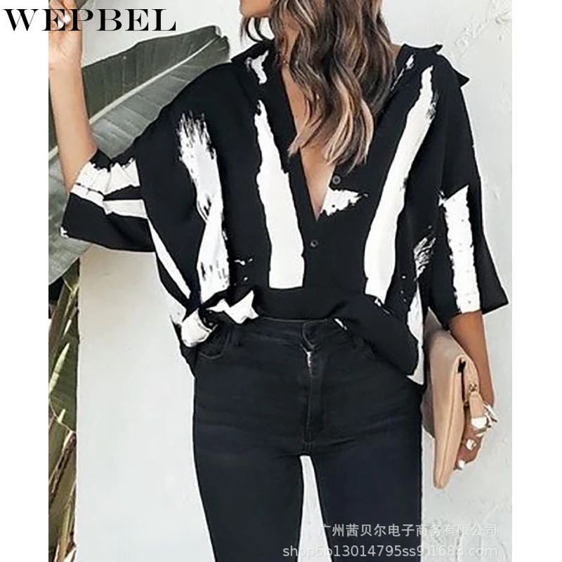 

WEPBEL Shirt Women's Casual Striped Tie-Dye Printed Single-Breasted Shirt Autumn Fashion Turn-down Collar Batwing Sleeve Shirt