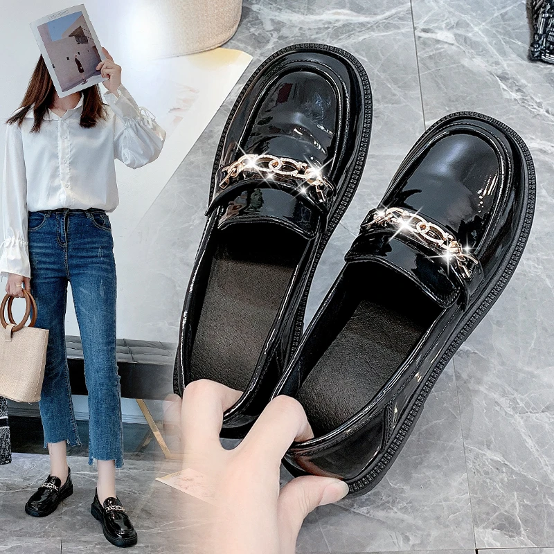 

Metal Chain Oxford Shoes for Women Shoes Woman New Slip on Square Platform Shoes Round Toe Loafers Solid Leather Casual Shoes