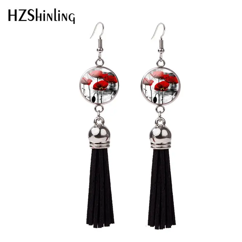 

2018 New Watercolor Red Floral Tassel Earring Flowers Fish Hook Earrings Art Photo Jewelry Glass Bohemian Style Earbob