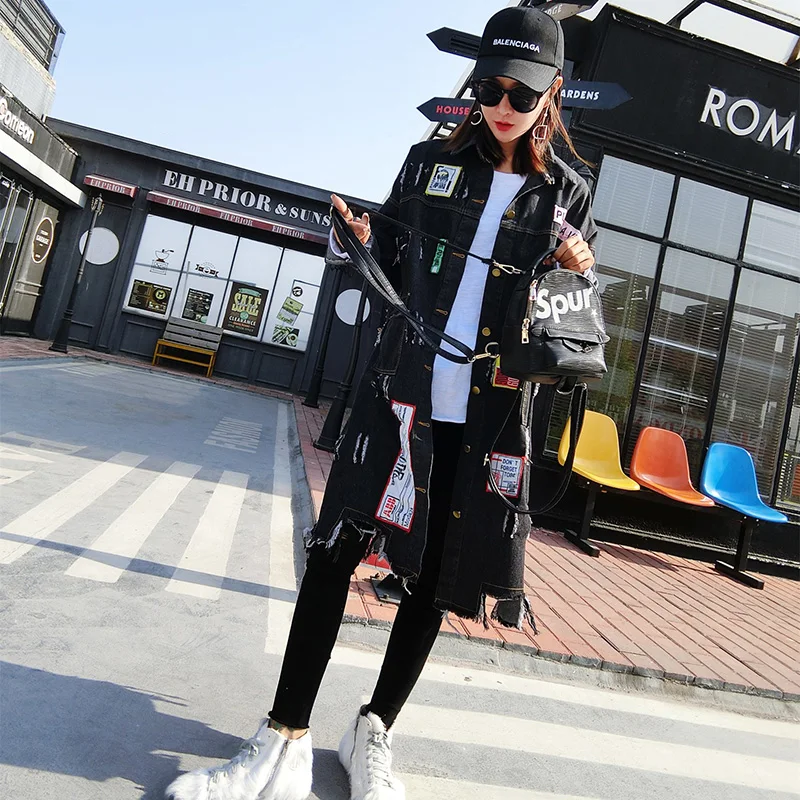

Trendy Ripped Denim Jacket Women Patchwork Cape Harajuku Long Jeans Coat Distressed Outerwear Stylish Windbreaker Sequin Autumn