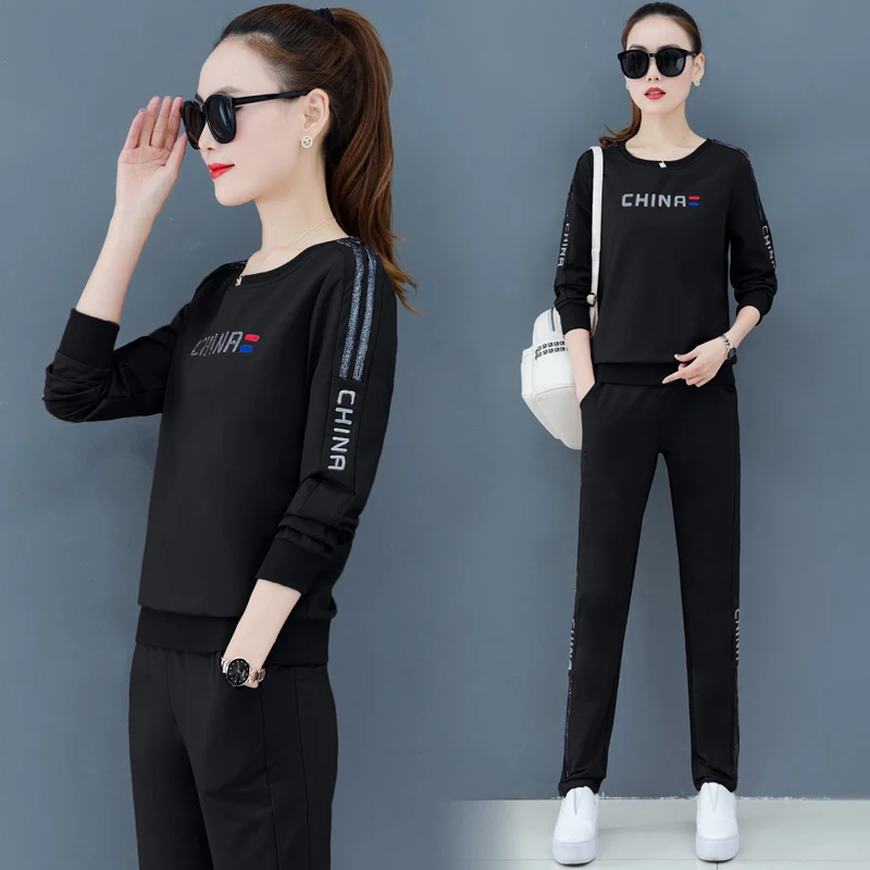 2020 весенние женские большие размеры модные футболки с круглым воротником + брюки