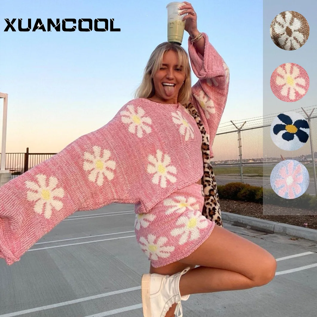 

Модный шерстяной свитер и шорты XUANCOOL, Женский комплект 2021, женские повседневные сексуальные свободные вязаные женские наряды из 2 частей с в...