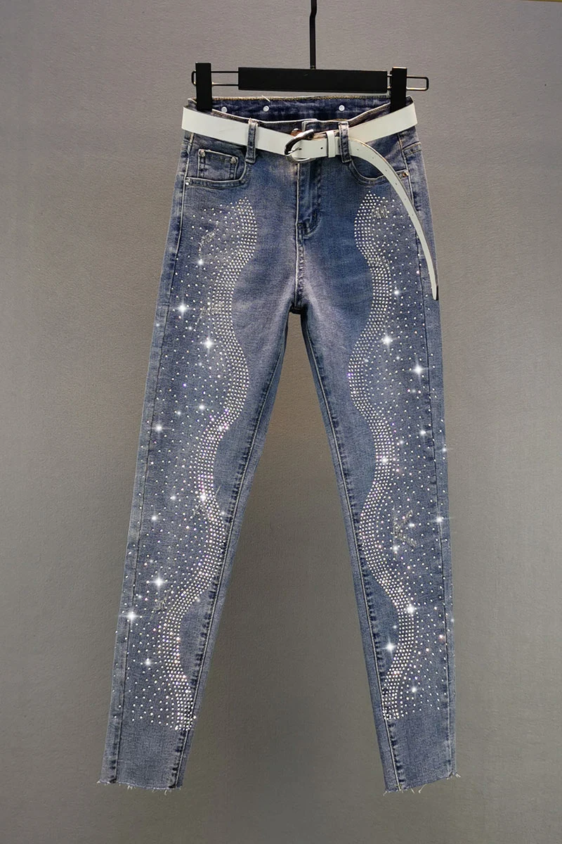 

Heavy Hot Drilling Pencil Pants Women's Jeans 2021 Spring Autumn New Cotton Elastic Slim High Waist Water Washing Jeans Jean