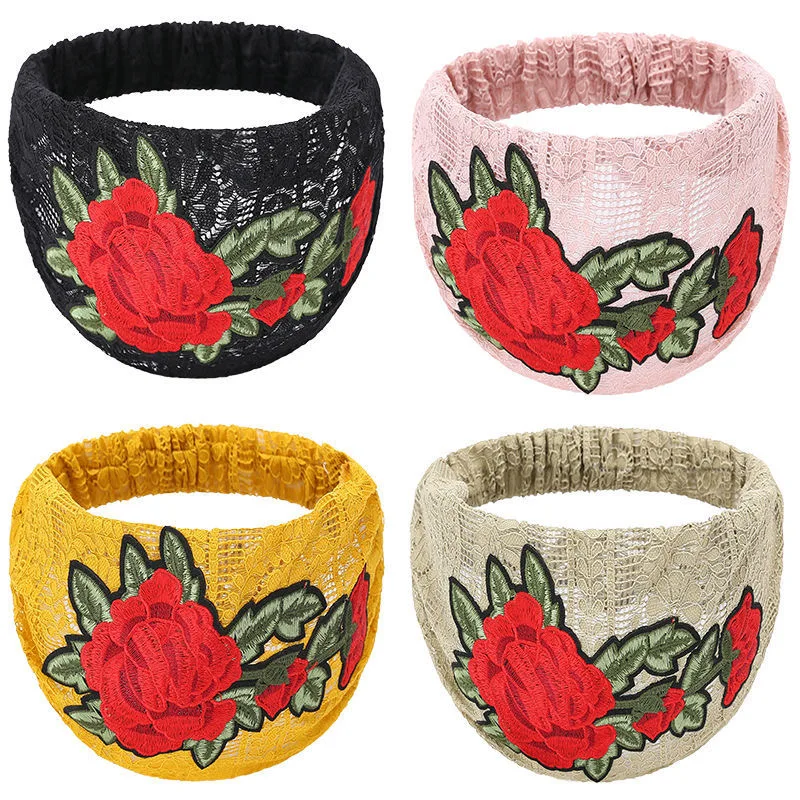 

Free Shipping Breathable Embroidered wide brim headband ROSE Flower