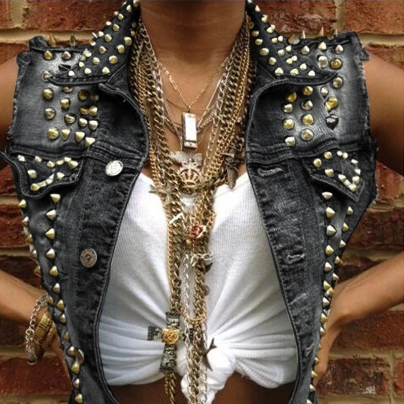 

Harajuku Denim Jacket Women Fashion Button Sleeveless Rivets Motorcycle Top Ladies Street Casual Jackets Loose Plus Size Coat