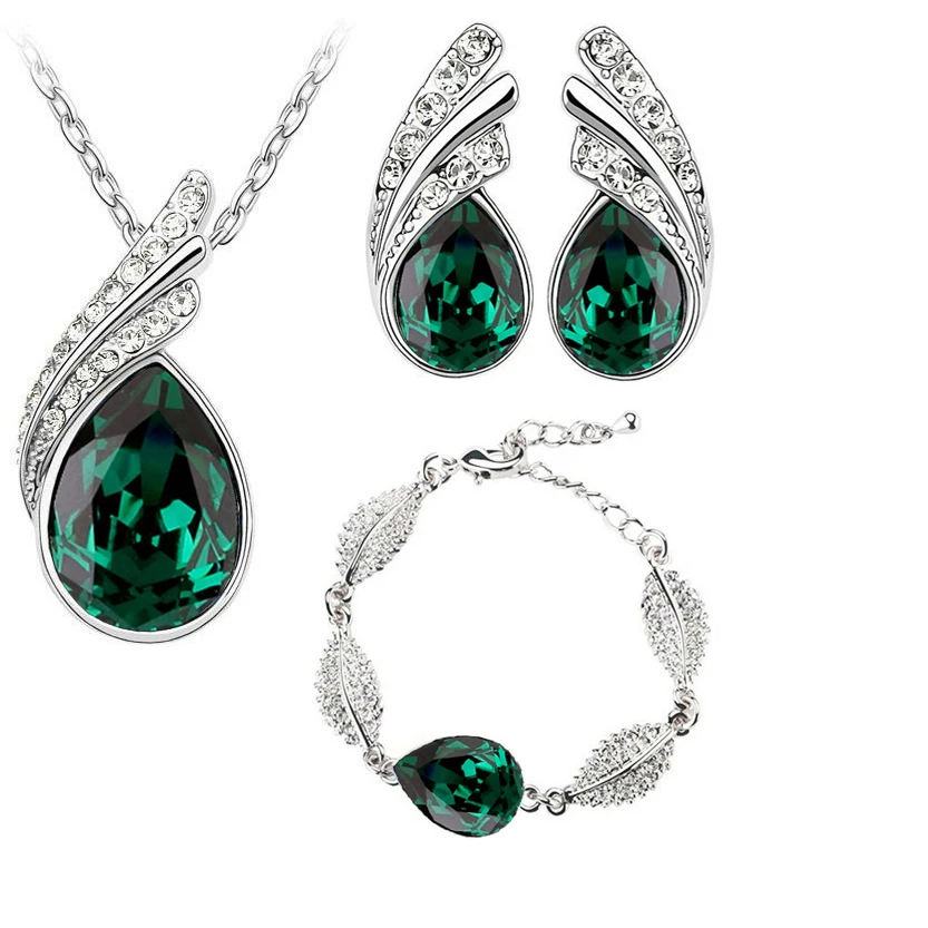 

Wholesales bridal Jewelry set Austrian Crystal fashion leaf tear feather Water drop pendant necklace earrings jewelry sets