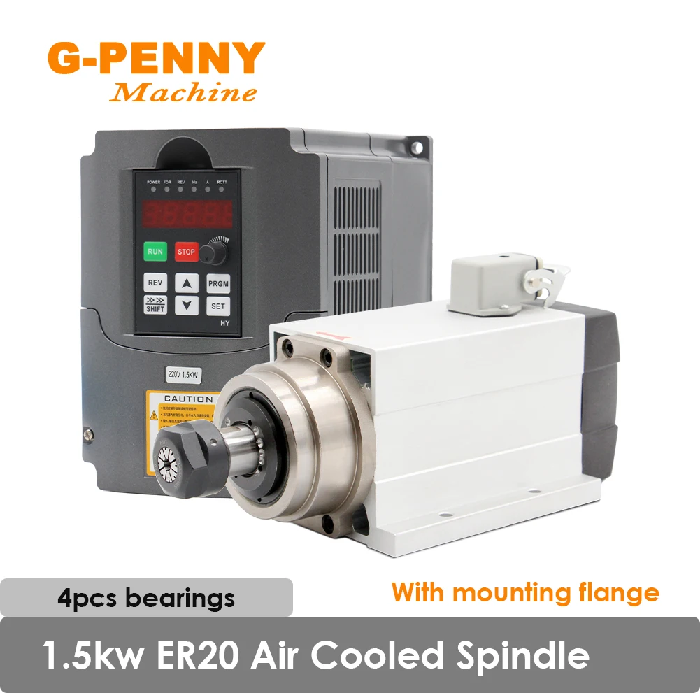

1.5KW ER20 Air Cooled Spindle Motor Square Spindle With mounting flange & 1.5kw Huanyang Inverter 4 PCS Bearings