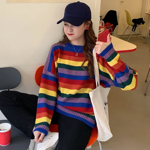 Красочные полосатые повседневные с длинным рукавом Базовые обычные модные хит