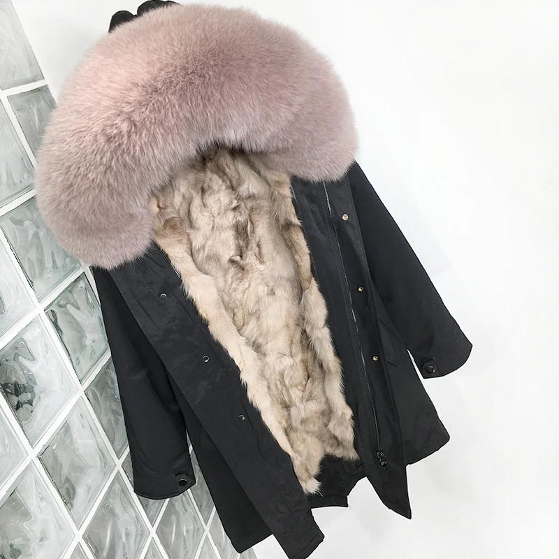 Plus Size Real Fur Coat Waterproof Parka Mujer Winter Jacket Women Natural Fox Fur Collar Liner Hood Thick Warm Outerwear Hat - Color: MiddleLong LightPink