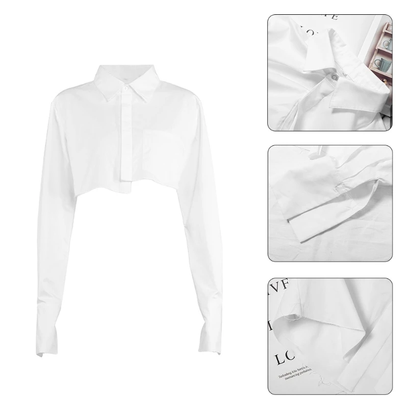 

Women Flare Long Sleeve Lapel White Shirt Button Irregular Frayed Hem Crop Top