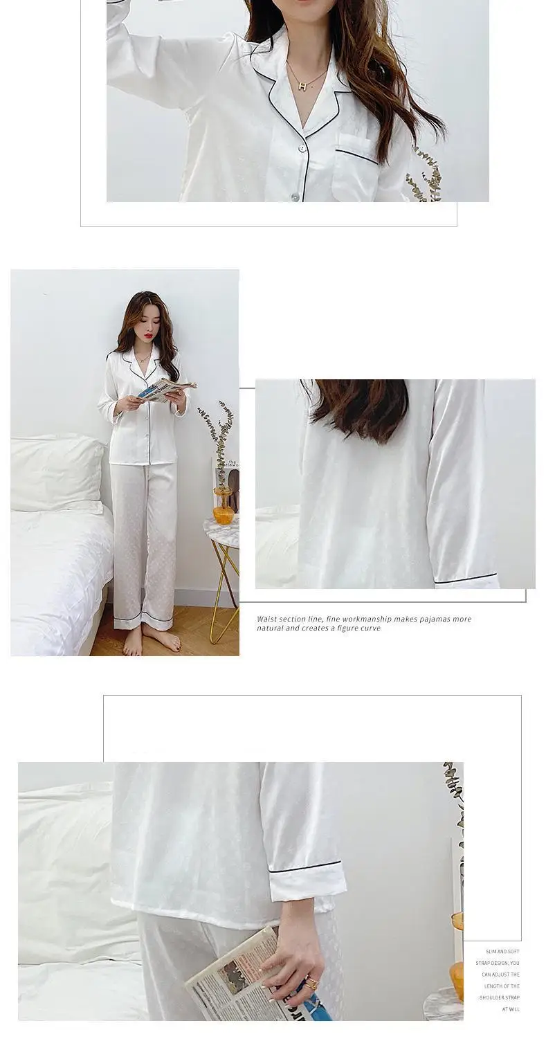 

White Satin Pajamas Set Women Loose Shirt&Pants Floral Sleep Set Elastic Waist Trousers Suit Turn-Down Collar Pyjamas Suit