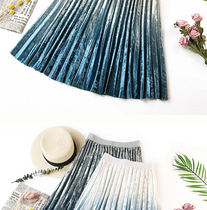 SURMIITRO Warm Velvet Midi Skirt Women Autumn Winter Korean Pink Gradient Ladies High Waist Pleated Long Skirt Female