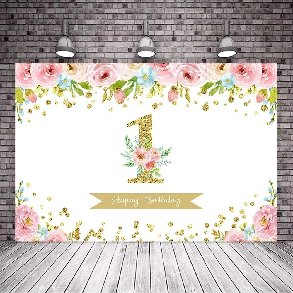 

1st Birthday Floral Backdrop Watercolor Flower Birthday Photography Glitter Dots Pink Floral Background for Girls Birthday Party