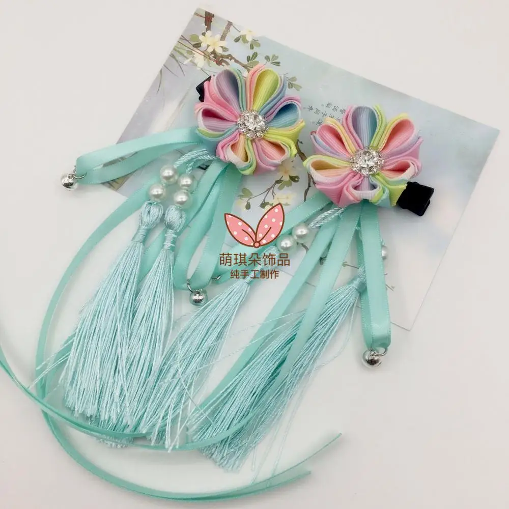 

2 pcs Maru-Tsumami Kanzashi Flower Two Layers Tassels Ribbon Hair clip Traditional Japanese Style Kimono Accessory Outfit HW046