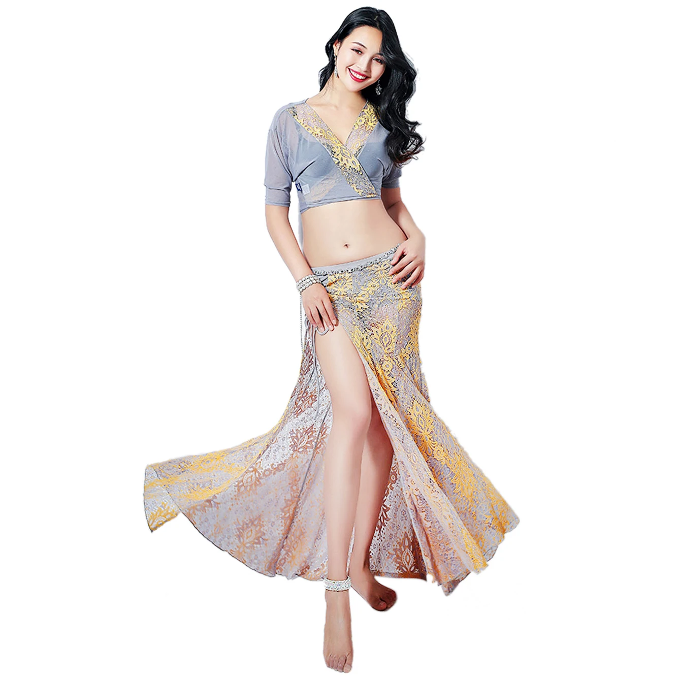 

Women Belly Dance Costumes 2pcs Long Skirt V Neck Top Practice Wear Mesh Half-sleeve Suit Lace Oriental Eastern Dancing Clothes