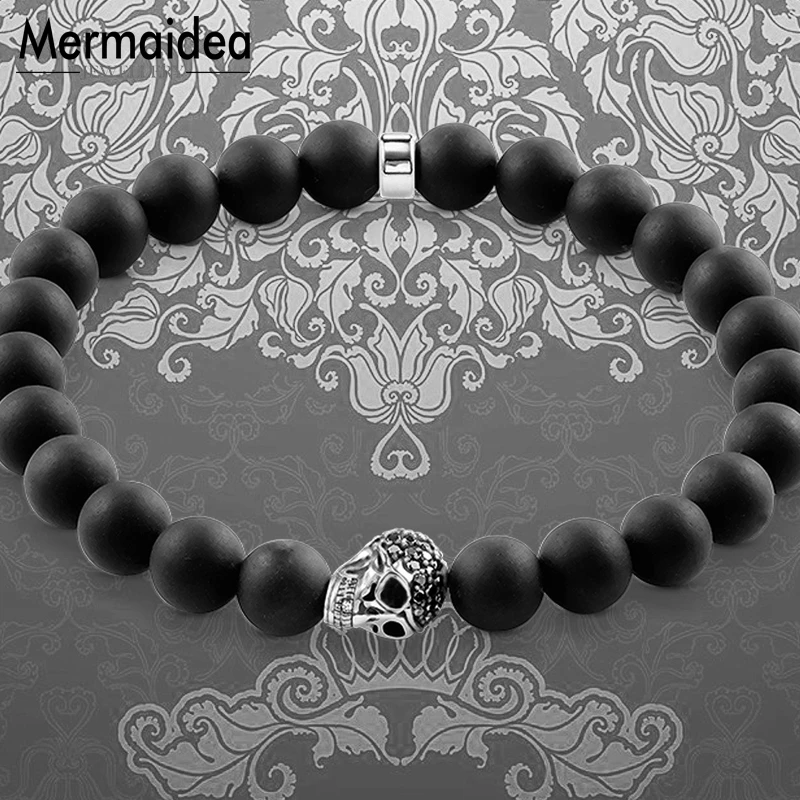 Мужской браслет с черепом 8 мм обсидиана новинка посеребренный Модная бижутерия