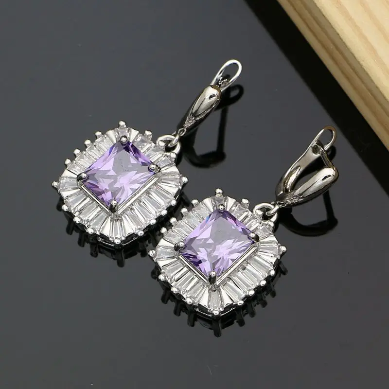 Фото Natural Purple Cubic Zirconia Drop Dangle Earrings 925 Sterling Silver Fashion Jewelry for Women Wedding Charm Earrings №3