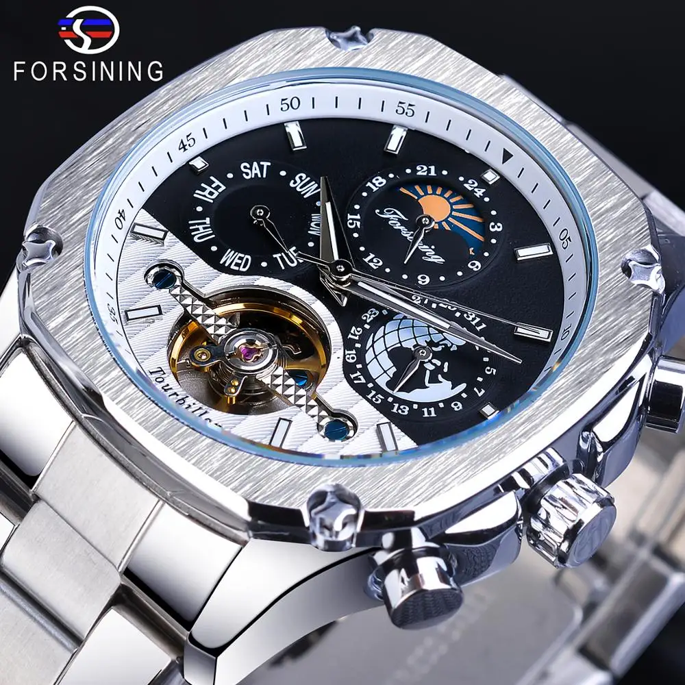 Forsining Мужские автоматические часы Tourbillon механические серебристые квадратные из