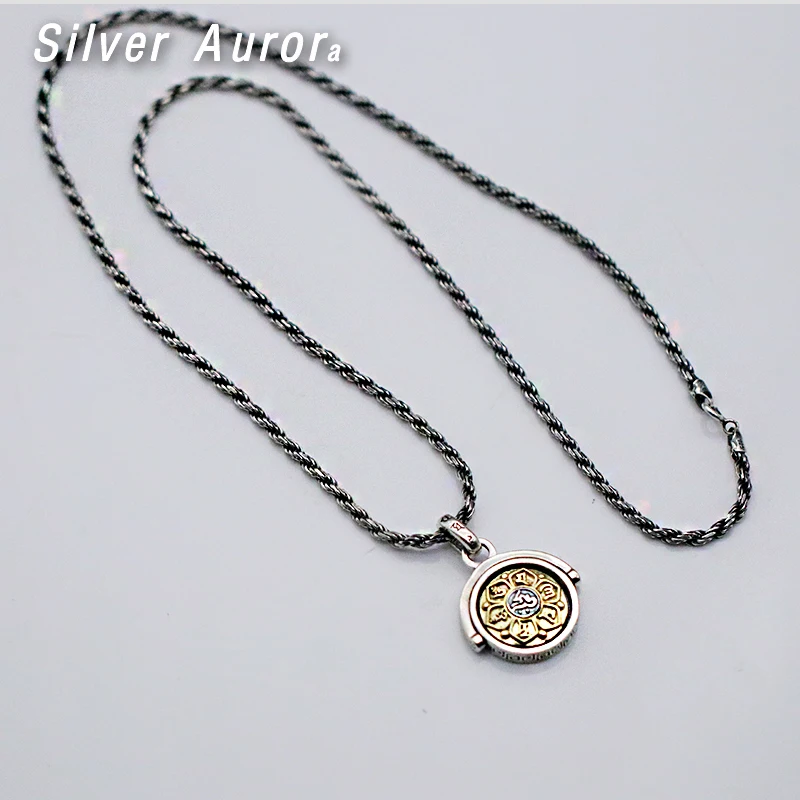 Pendant 50cm Chain 925 пробы серебряные ювелирные изделия шесть Подвеска со словами Ом Мани Падме Хум вращающийся сдвиг Lucky Винтаж Будда ювелирные изделия - Окраска металла: Pendant 50cm Chain