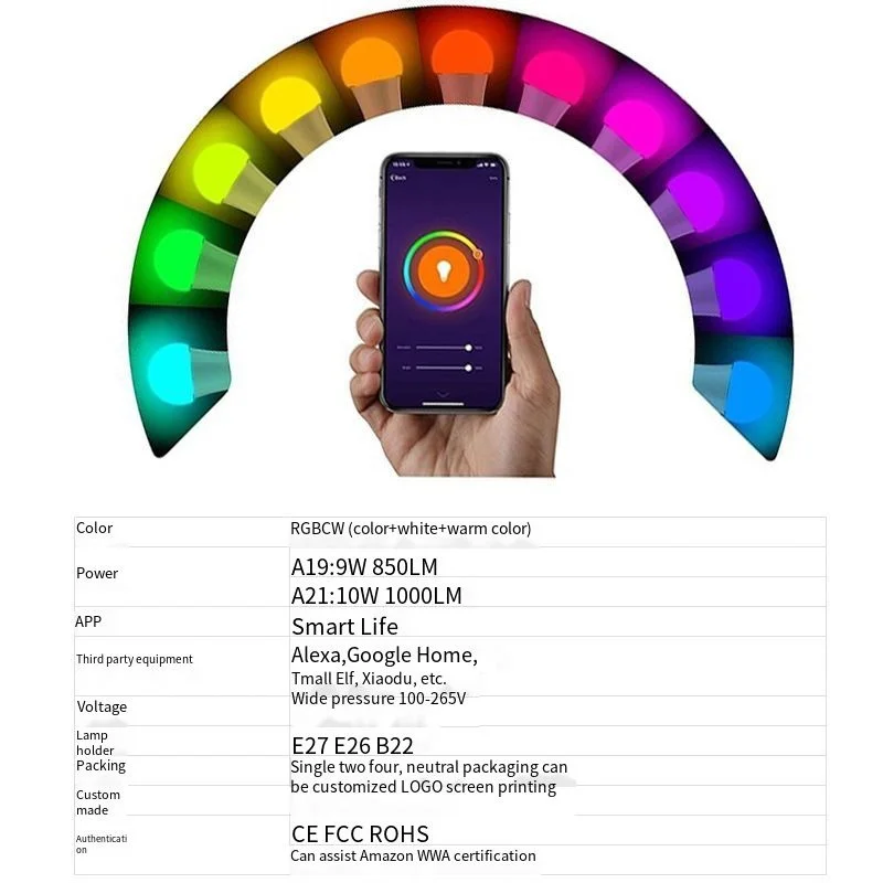 Умная лампа B22 E27 WiFi 10 Вт RGB LED используется с Alexa / Google home 85-265 в + таймер регулируемая